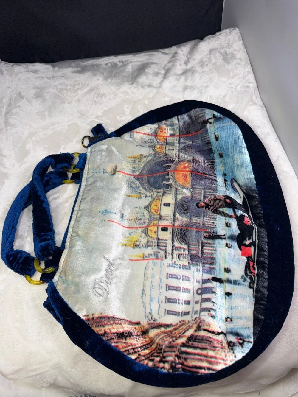 Vintage Diesel Blue Velvet Venice Gondola Print Hobo Handbag Y2K Shoulder Bag